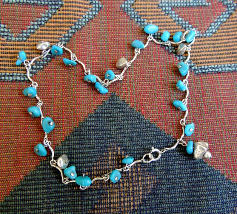 Anklet with Turquoise Chips and Silver Nuggets Sterling Silver