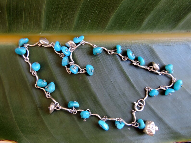 Anklet with Turquoise Chips and Silver Nuggets Sterling Silver