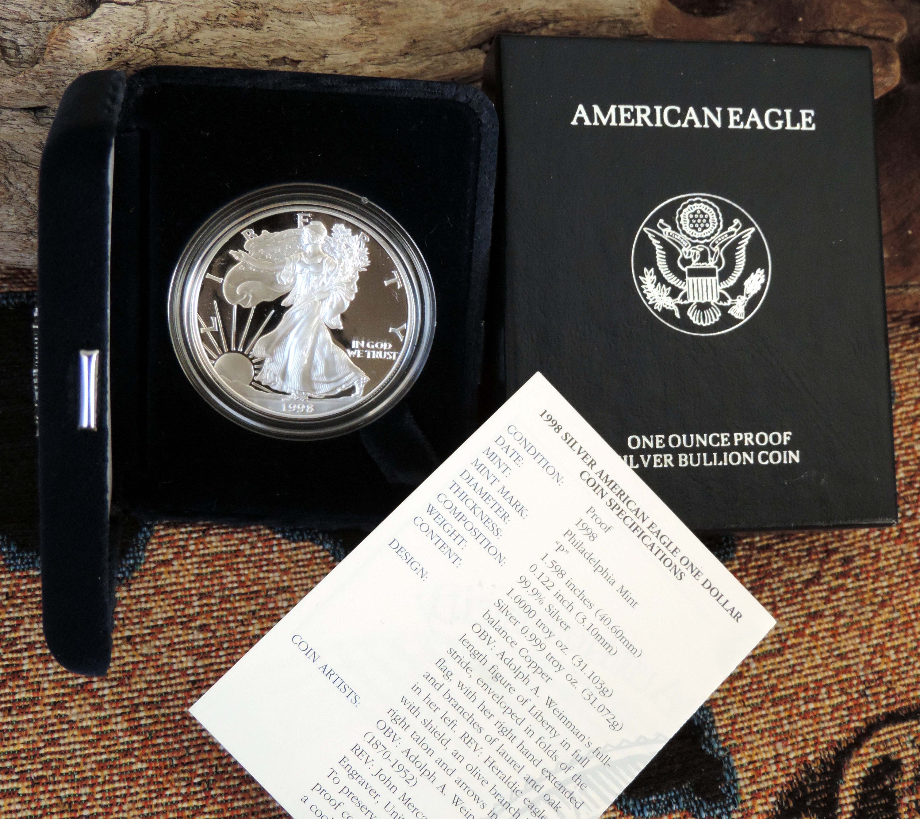 1998 P Silver American Eagle 1 Oz .999 Proof Coin w// Box /& COA
