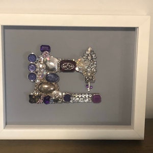 8x10 Framed Purple & Sliver Sewing Machine Jewelry Art  **READ DESCRIPTION**