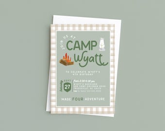 Camping 4th Birthday Invitation, Four Adventure Party Invite, Boys Watercolor Camping, Editable Corjl Template, Printable
