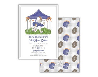 May include: Invitation with a watercolor illustration of a football player under a tent, with the text "BAKER'S First Year Down". The back of the invitation has a pattern of football helmets and footballs. The invitation is for a party on October 18th.