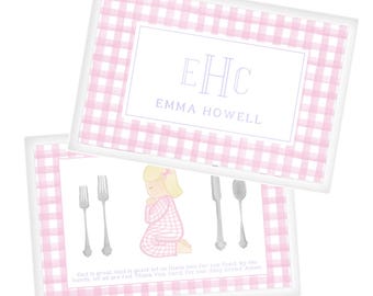 Personalized Child’s Placemat Laminated Watercolor Pink Gingham Placemat Dinner Prayer is Good 11x17 Food-Safe Dry Erase Placemat