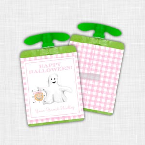 Personalized Halloween Pink Ghost Applesauce Cover Favor Tag Halloween Pouch Label Halloween Classroom Gift Tag Halloween Party Favor Tag