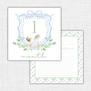 Cartes mensuelles aquarelles pour bébé nouveau-né garçon, cheval à bascule, cadeau de baby shower, idée cadeau numérique téléchargeable pour nouvelle maman