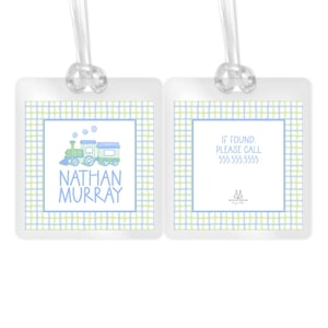 Personalized Train Bag Tag, Laminated Backpack Tag, Blue Watercolor Gingham, Kids School, Daycare, Luggage Tag