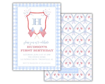 Personalized Patriotic Classic Birthday Blue and Red Watercolor Gingham Invitation for Memorial Day Fourth of July First Birthday