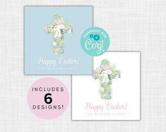 Christelijke paascadeaukaartjes, bloemen kruis paasbedankkaartjes, roze pastel aquarel, bewerkbare corjl-sjabloon