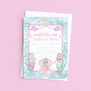 Personalized Mermaid Birthday Watercolor Ocean Under The Sea I'm Three Let's Shellabrate Invitation for Girl Birthday Party