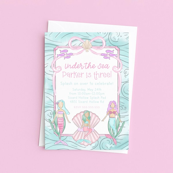 The Sea Im Three Birthday Invitation: Watercolor Mermaid Design - Under The Sea Party, Customizable, Digital Format