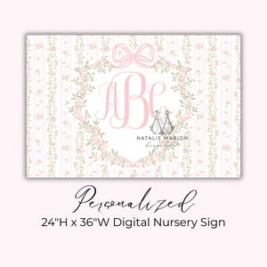 May include: A rectangular digital nursery sign measuring 24 inches high by 36 inches wide. The design features a pink and white striped background with floral vines, a central pink bow, a monogram with the letters ABC, and Natalie Marlon text.