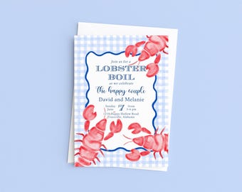 Lobster Boil Invitation, Seafood Boil Party Invite, Blue Gingham Watercolor, Coastal Theme, Editable Corjl Template