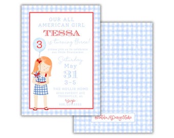 Personalized All American Boy Girl Birthday Blue Red Watercolor Gingham Patriotic Invitation for Memorial Day Fourth of July First Birthday