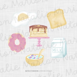 Conjunto de café da manhã em aquarela com 6 imagens digitais PNG Clip Art | Tigela de cereal Caixa de leite Ovos mexidos Panquecas Pedestal Torrada Granulado Donut