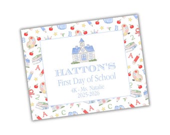 Watercolor Grand Millennial First Day of School Sign Preppy 1st Day of School Sign Traditional 1st Day of School Sign Personalized Blue
