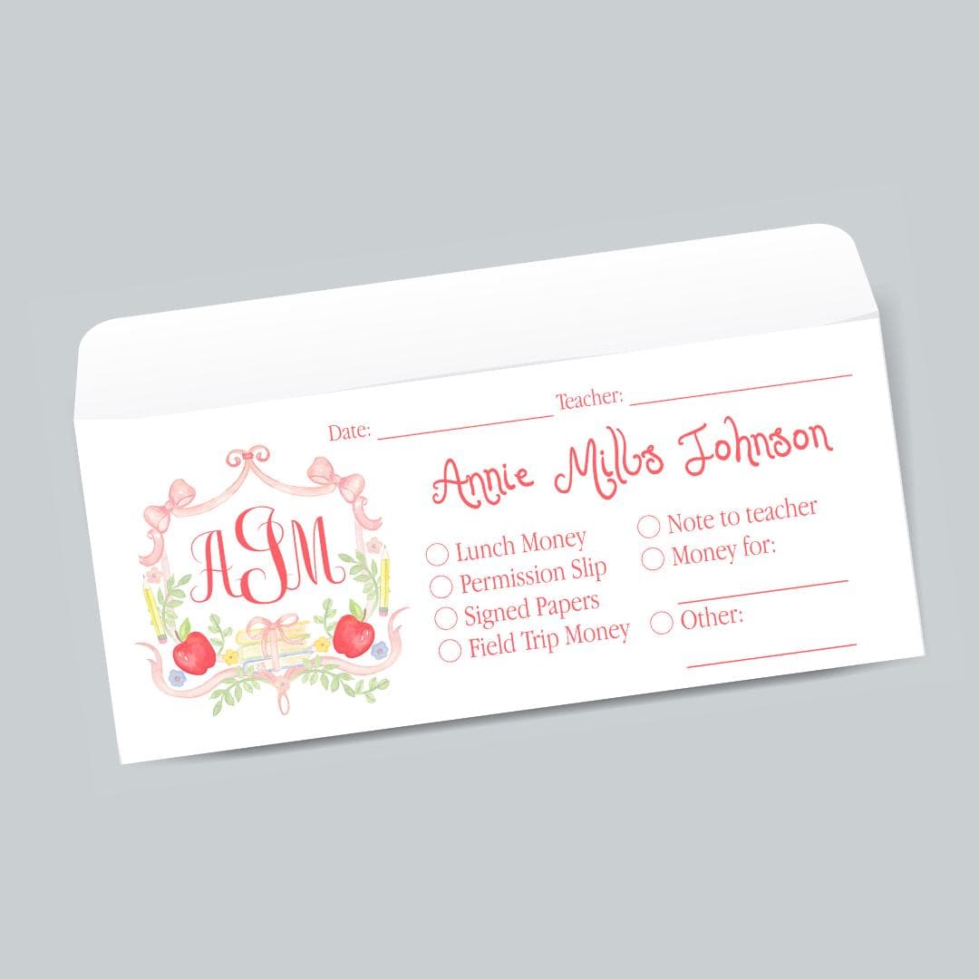 Personalized School Money Envelopes Watercolor School Crest for Lunch Field Trip Permission Slip Envelope for School | Set of 15 PRINTED
