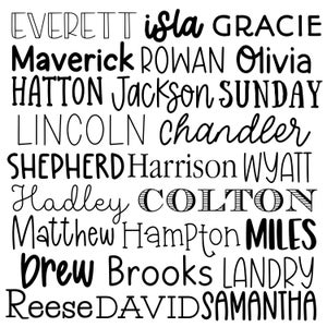 May include: A black and white printable list of popular baby names. The names include Everett, Isla, Gracie, Maverick, Rowan, Olivia, Hatton, Jackson, Sunday, Lincoln, Chandler, Shepherd, Harrison, Wyatt, Hadley, Colton, Matthew, Hampton, Miles, Drew, Brooks, Landry, Reese, David, and Samantha.