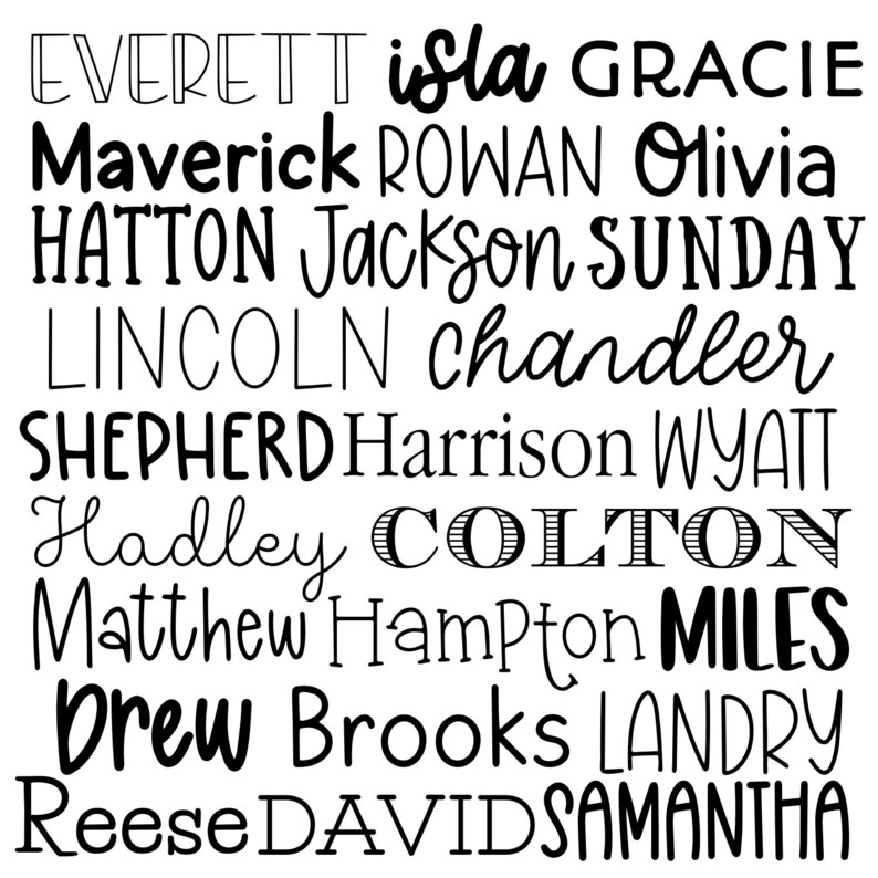 May include: A black and white printable list of popular baby names. The names include Everett, Isla, Gracie, Maverick, Rowan, Olivia, Hatton, Jackson, Sunday, Lincoln, Chandler, Shepherd, Harrison, Wyatt, Hadley, Colton, Matthew, Hampton, Miles, Drew, Brooks, Landry, Reese, David, and Samantha.