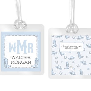 Personalized Western Bag Tag, Cowboy Backpack Tag, Light Blue Watercolor Gingham, Kids School, Daycare, Luggage Tag