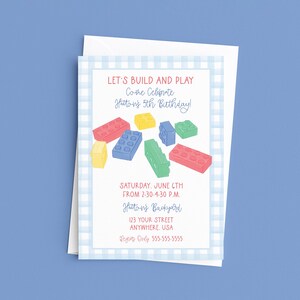 May include: A birthday party invitation with a blue and white gingham border. The invitation reads "Let's Build and Play" with colorful block illustrations. Details include the date, time, location, and RSVP information.