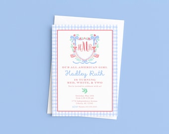 Personalized Patriotic All American Girl Birthday Blue and Red Watercolor Gingham Invitation for Memorial Day Fourth of July First Birthday