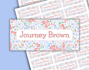 Personalized School Name Labels, Floral Kids Name Stickers, Waterproof Labels for School Supplies, Daycare, 60 Printed Labels