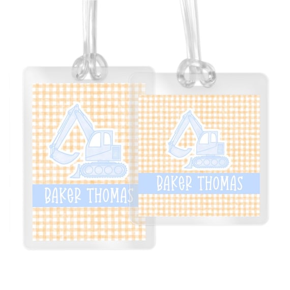 Travel Print Bag Tag Kid Friendly, Orange Watercolor Construction (Laminated 10mil, Waterproof, Customizable Contact Info)