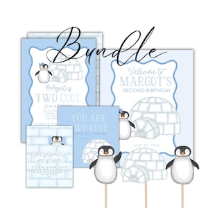 May include: A bundle of light blue party invitations and decorations with a penguin theme. The invitations read "Margot is TWO COOL" and "Welcome to Margot's Second Birthday." Decorative penguin cutouts and igloo illustrations are also included.