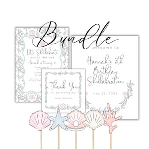 PACCHETTO / Invito per festa a tema conchiglie, etichetta per bomboniera, cartello di benvenuto, decorazione per cupcake / Compleanno a tema sirena/oceano con conchiglie
