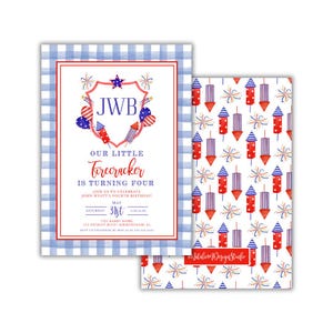 Personalized Patriotic Little Firecracker Birthday Blue and Red Watercolor Gingham Invitation for Memorial Day Fourth of July First Birthday