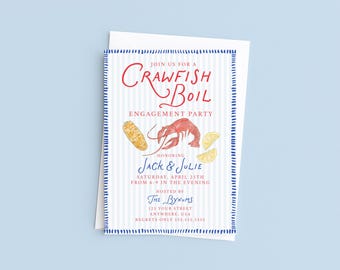 May include: White invitation card with blue and red text and illustrations. The card reads "Crawfish Boil Engagement Party" and includes a crawfish, corn, and lemon illustration. The card is for Jack & Julie, hosted by The Bynums.