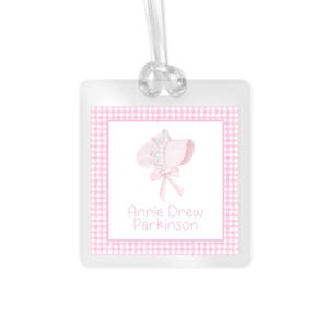 Personalized Bonnet Bag Tag Pink Watercolor Gingham Back to School Backpack Tag Laminated Baby Girl Diaper Bag Tag Kid Tag