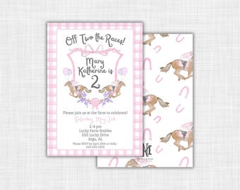 May include: Pink and white gingham birthday invitation with a horse racing theme. The invitation says "Off Two the Races! Mary Katherine is 2". It includes a pink and white gingham background with a white border. The invitation also includes a pink and white gingham pattern with a white border.
