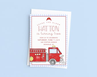 Fire Truck Birthday Invitation, Editable Boys Birthday Invite, Blue Watercolor Gingham, Corjl Template, Printable Download