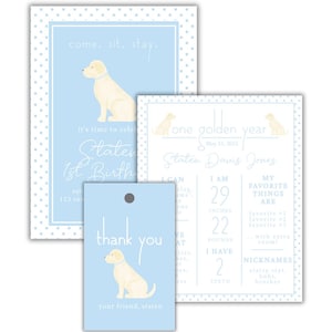 Personalized Golden Retriever Dog Birthday BUNDLE | 3 Editable Downloadable Digital Files | One Golden Year Theme for First Birthday Boy