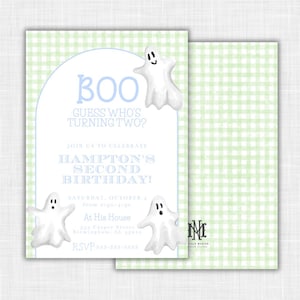 May include: A light blue and white birthday invitation with a green gingham pattern. The invitation features the text "BOO Guess Who's Turning Two?" and "Hampton's Second Birthday!" with ghost illustrations.