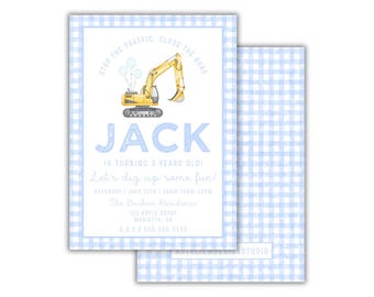 May include: A rectangular invitation card with a light blue and white gingham border. The center features a yellow excavator illustration with balloons, the text JACK IS TURNING 3 YEARS OLD, and event details including date, time, and address.