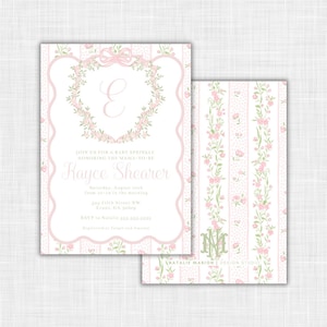 May include: A pink and green baby shower invitation featuring a floral wreath with the letter "E" in the centre. The invitation reads "Join us for a baby sprinkle honouring the mama-to-be Kayce Shearer" and includes the date, time, and location of the event. RSVP information and registry details are also provided.