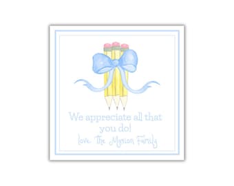Watercolor Teacher Appreciation Gift Tag School Blue Bow Gift Tag Editable Printable Favor Tag for Administrator Staff Daycare Worker