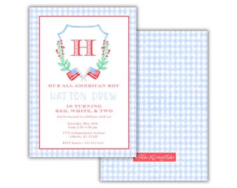Personalized Patriotic All American Boy Birthday Blue and Red Watercolor Gingham Invitation for Memorial Day Fourth of July First Birthday