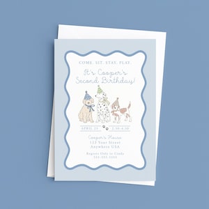 May include: A light blue birthday invitation with a wavy border and the text "Come. Sit. Stay. Play." The invitation features illustrations of three dogs wearing party hats. The text reads "It's Cooper's Second Birthday!"