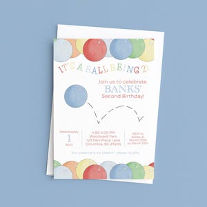 Puede incluir: Una tarjeta de invitación blanca con globos coloridos y el texto "IT'S A BALL BEING 2". La invitación es para el segundo cumpleaños de Banks. La tarjeta incluye la fecha, hora, lugar e información de RSVP.