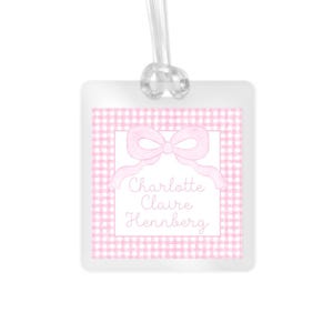 Personalized Bow Bag Tag Pink Watercolor Gingham Back to School Backpack Tag Laminated Baby Girl Diaper Bag Tag Kid Tag