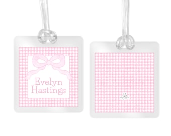 Personalized Bow Bag Tag, Laminated Backpack Tag, Pink Watercolor Gingham, Kids School, Daycare, Luggage Tag