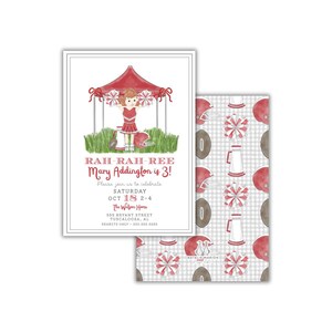 May include: Invitation set featuring a watercolor illustration of a cheerleader under a red tent. The invitation includes the text "RAH-RAH-REE Mary Addington is 3!" and event details. A patterned backing with footballs, helmets, and pom-poms.