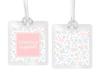 Personalized Floral Bow Bag Tag, Laminated Backpack Tag, Green Watercolor Gingham, Kids School, Daycare, Luggage Tag