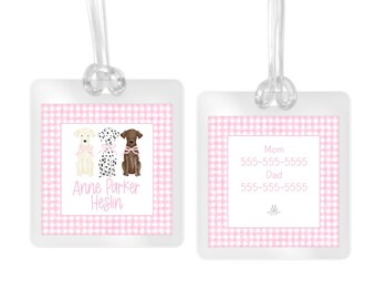 Personalized Puppy Bag Tag, Dog Backpack Tag, Pink Gingham Watercolor Bow, Kids School, Daycare, Luggage Tag