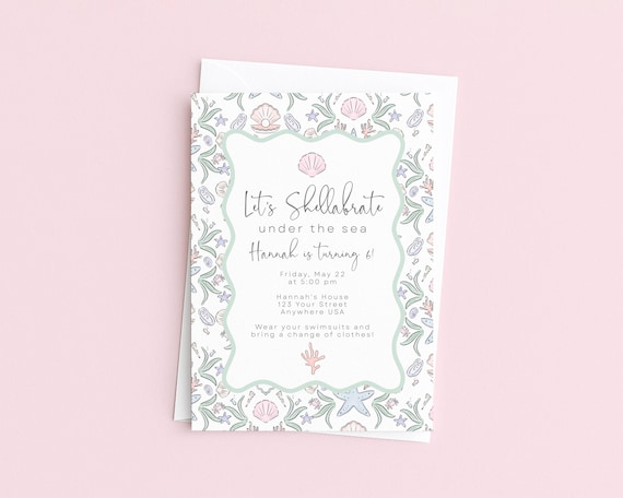 Under The Sea Invite: Watercolor Seashell Birthday Invitation - Personalized Girl Party, Mermaid Theme, PDF Printable, Editable Template