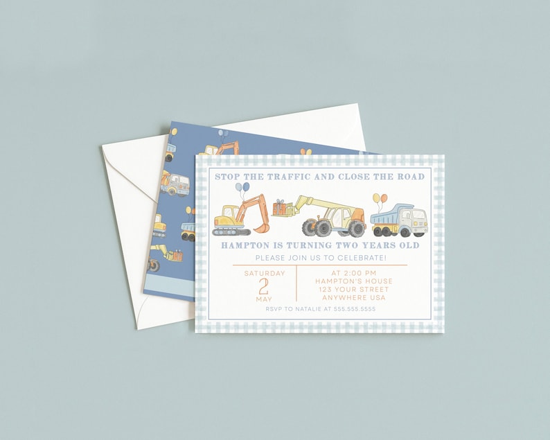 May include: An invitation suite featuring a blue and white gingham border. The main invitation reads "STOP THE TRAFFIC AND CLOSE THE ROAD" with illustrations of construction vehicles. The text also includes party details.