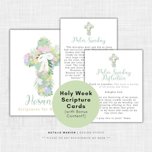 May include: A set of printable Holy Week Scripture Cards with a floral cross design. The cards feature the text "Hosanna" and "Palm Sunday Reflection".